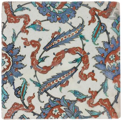 null Three tiles decorated with tchi clouds in the Iznik style, Ottoman Turkey, possibly...