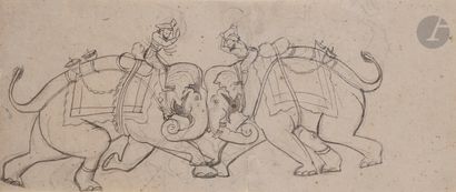  Two elephants confronting each other, Rajasthan, Kotah, first half 18th centuryBlack...