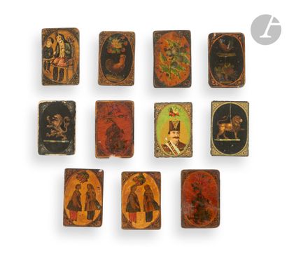  Set of 11 lacquered papier-mâché playing cards, Iran qâjâr, 19th - 20th century....