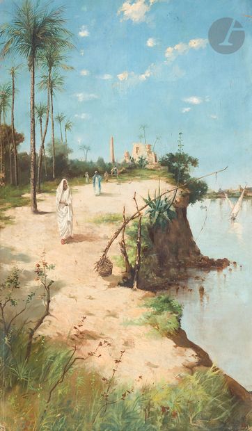  Prosper PIATTI (1842-1902) Égypte, chemin de halage animé au bord du Nil Huile sur...