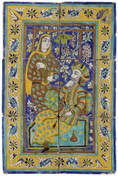  Ceramic panel with figures, Iran qajar, 19th centuryComposition of six ceramic tiles...