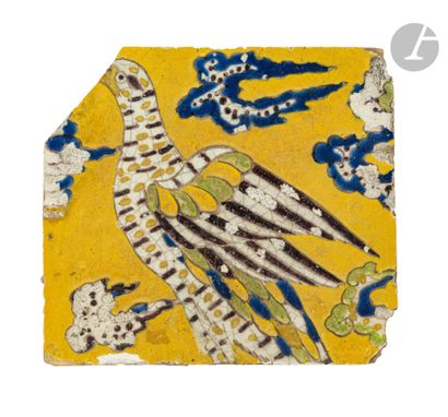  Two bird tiles, Iran, 18th-19th centuryCeramic tiles with black lines on a yellow...