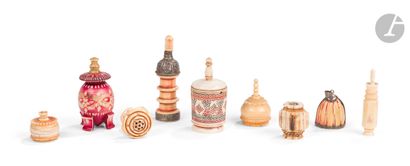  Perfume or kohl bottles and small objects in ivory and horn, North India, 19th centuryThe...