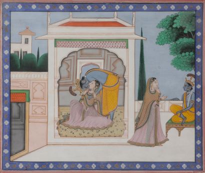  L’étreinte de Krishna et Radha, Inde, Penjab, fin XIXe ou début XXe siècle Gouache...