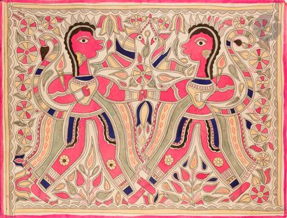  Deux aquarelles, Inde du Nord, Madhubani Mithila, Bihar, XXe siècle Aquarelles sur...