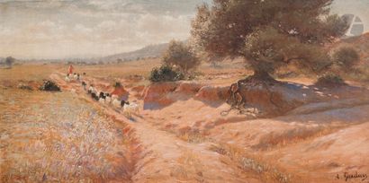 null Antoine GADAN (1854-1934)
Berger et chèvres sur le chemin
Huile sur toile.
Signée...