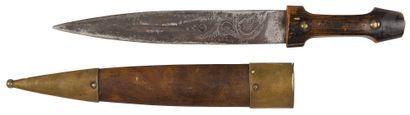  Small kindjal. 1880Single gutter blade , engraved and dated. Leather-covered scabbard...