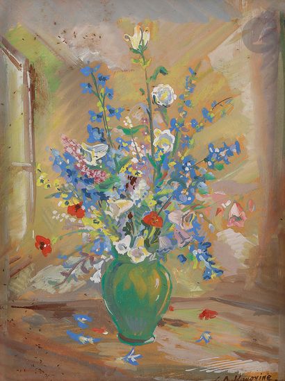  Constantin Alexeevitch KOROVINE (1861-1939) Vase de fleurs Gouache. Signée en bas...