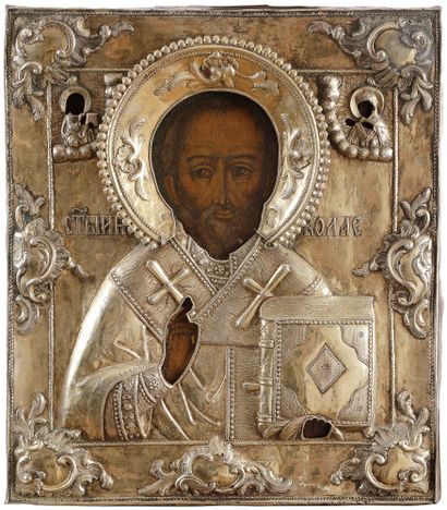  Icon of Saint Nicholas. 18th centuryTempera on wood. Oklad in silver. Hallmarks:...
