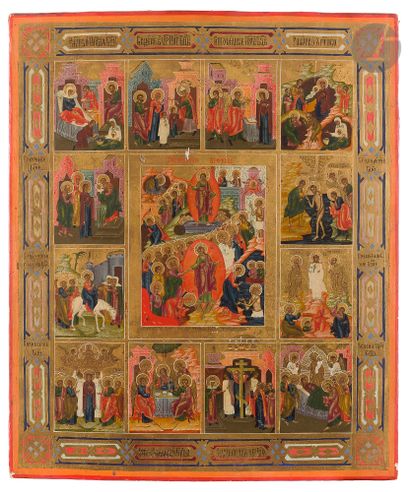  Icône de la Résurrection avec les douze principales fêtes de l’orthodoxie. Fin du...