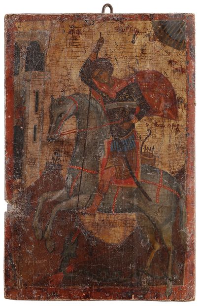  Icon of Saint George. Greece, 19th centuryTempera and gold on wood. 21.5 x 14.2...