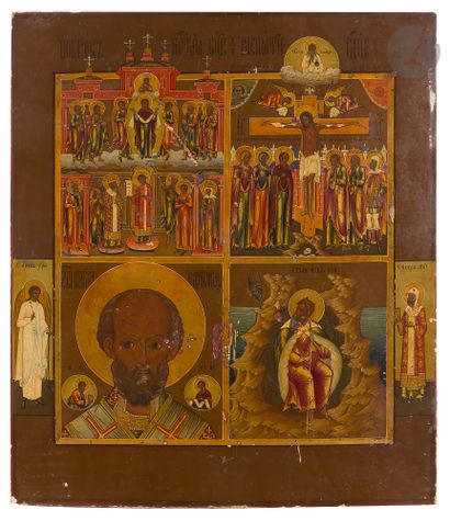 null Icon with four registers. XIX century.
The Protection of the Virgin, the Crucifixion,...