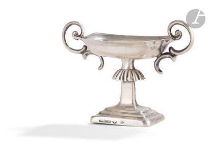 null Rectangular silver salt cellar. Warsaw, 1873On
a very high foot, with two scrolled...