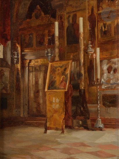  Théodore Jacques RALLI (1852-1909) Intérieur d’une église orthodoxe Huile sur panneau....