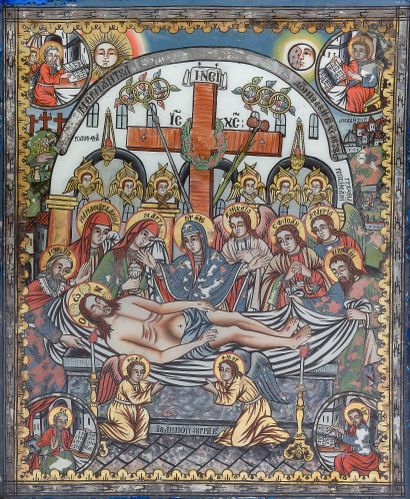  Icône de la Mise au tombeau du Christ. Bessarabie, 1838 Le motif principal est un...