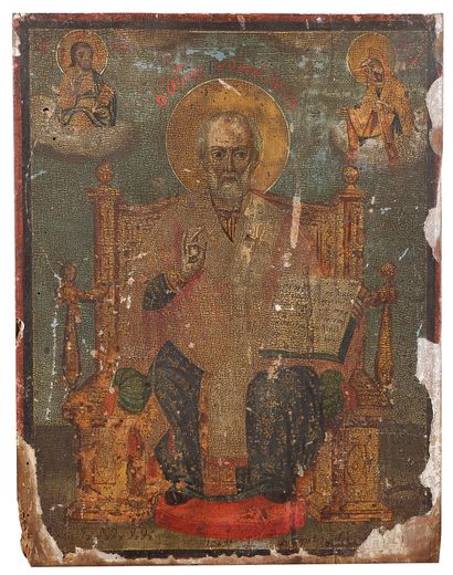  Icône grecque de Saint Nicolas assis sur un trône. XIXe siècle Tempera sur bois....
