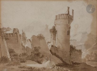 null Attributed to Thomas Charles NAUDET
(1778 - 1810)
Landscape with a ruined castleFeather
,...