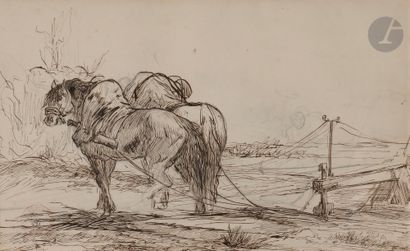 null Eugène FROMENTIN (1820-1876)
Chevaux de Labour au repos
Plume et encre brune...