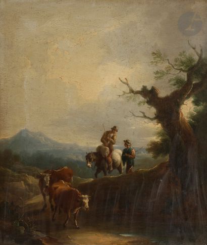null Thomas BARKER
(Pontypool 1769 - Bath 1847)
Cavaliers et vaches dans un paysage
Toile.
39...