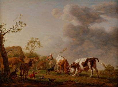 null Attribué à Balthasar OMMEGANCK
(1755 - 1826)
Le combat de bovidés
Panneau préparé.
Porte...