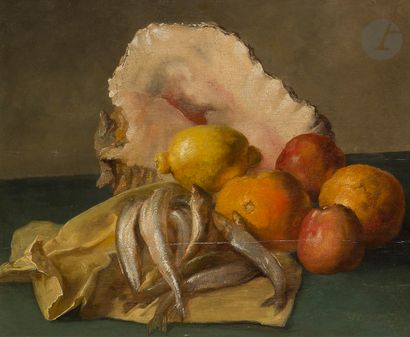 null école française du XIXe siècle
Nature morte au coquillage, sardines et fruits
Panneau.
35,5...