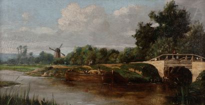 null Attributed to Camille FLERS
(Paris 1802 - Annet 1868)
Paysage au pont et moulinToile
.
20...