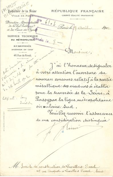 null Fulgence BIENVENÜE (1852-1936) ingénieur, père du métro parisien. L.S., Paris...