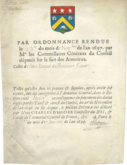 null Charles d’HOZIER (1640-1732) généalogiste, garde de l’Armorial. P.S., 27 janvier...
