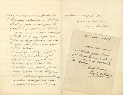 null Eugene LABICHE (1815-1888). 2 L.A.S., 1866-1870, to a friend; ¾ page in-12 and...