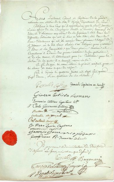 null CORSE. P.S. par 16 officiers et administrateurs, Ajaccio 14 juillet 1792 ; 1...