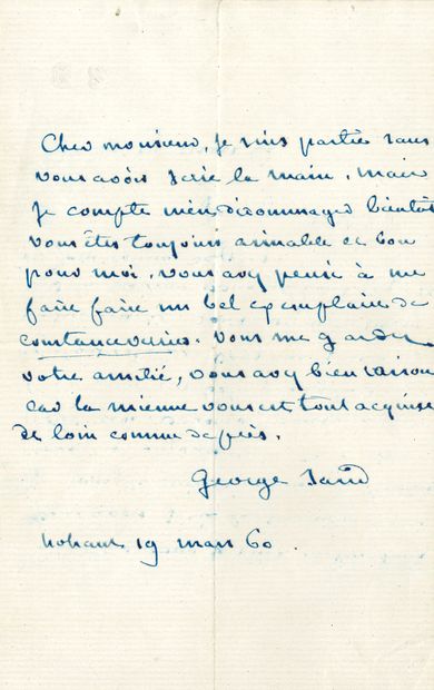 null George SAND. L.A.S., Nohant March 19, 1860, [to printer Jules Claye]; 1 page...