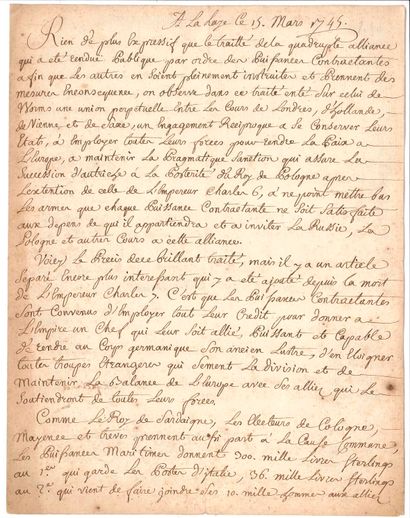 null NOUVELLES À LA MAIN. Copie manuscrite de 2 lettres, mars 1745 ; 4 pages in-4.

...
