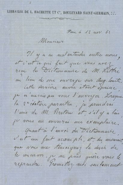 null Émile ZOLA (1840-1902). L.A.S., Paris 12 novembre 1863, à un rédacteur du Phare...