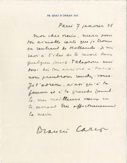 null Francis CARCO (1886-1958). 2 L.A.S., Paris 1935 and Dax 1938, in Tancrède de...