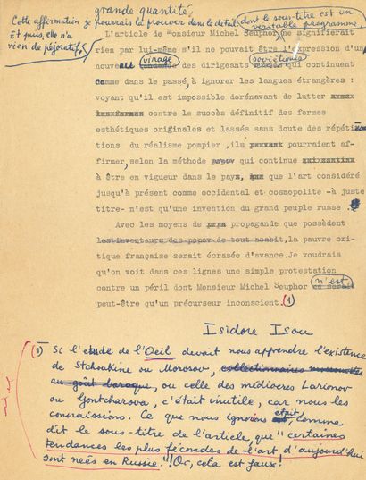 null Isidore ISOU (1925-2007). Typescript signed with autograph additions and corrections,...