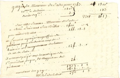 null Donatien-Alphonse-François, Marquis de SADE (1740-1814). Autograph note, [1763];...