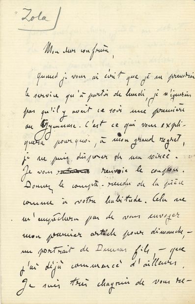 null Emile Zola. L.A.S., [4 April ? 1876], to a colleague of the newspaper Le Bien...