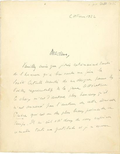 null Jules SUPERVIELLE (1884-1960). L.A.S., 18 février 1922, à Jane Catulle-Mendès ;...