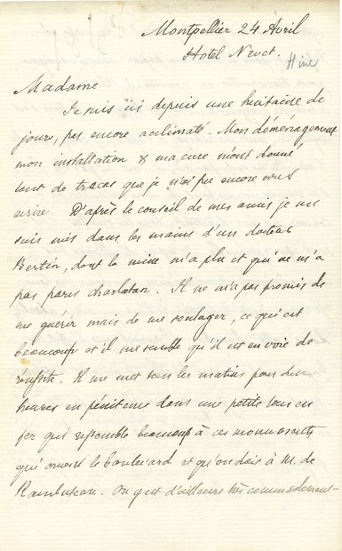 null Prosper MÉRIMÉE (1803-1870). L.A., Montpellier April 24 [1868], to Countess...