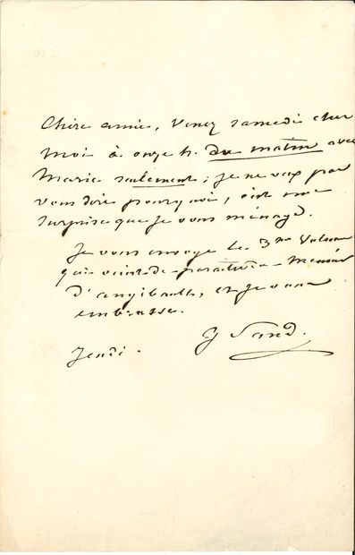 null George SAND. L.A.S., Thursday [Paris May 29 or June 5, 1845], to his friend...