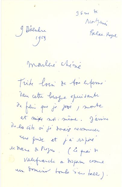 null Jean COCTEAU. L.A.S. « Jean », Palais-Royal 9 décembre 1959, à Marlene Dietrich ;...
