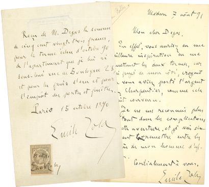  Émile ZOLA. P.A.S. (deux fois) et L.A.S., Paris et Médan 1890-1891, à Edgar Degas ;...