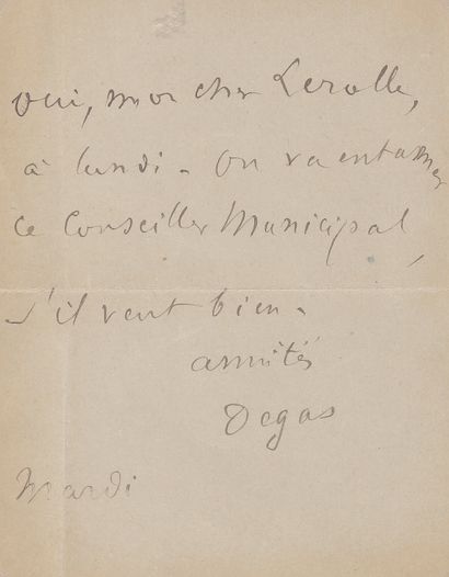 null Edgar DEGAS. L.A.S., Tuesday, to Henri Lerolle; 1 page in-12, address on the...