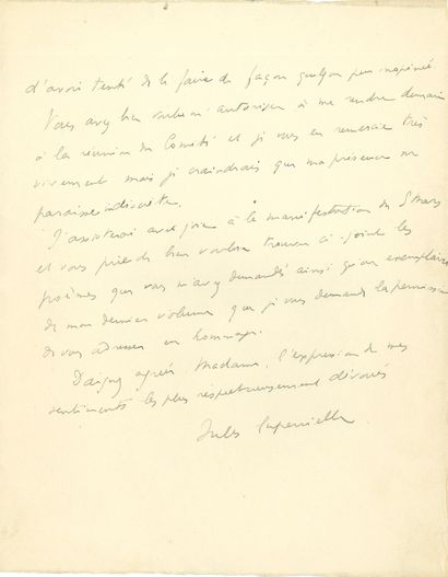 null Jules SUPERVIELLE (1884-1960). L.A.S., 18 février 1922, à Jane Catulle-Mendès ;...