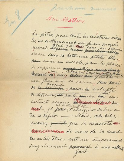 null Hugues LE ROUX (1860-1925). Signed autograph manuscript, Aux abattoirs; 13 pages...