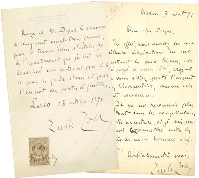 null Emile Zola. P.A.S. (twice) and L.A.S., Paris et Médan 1890-1891, to Edgar Degas;...