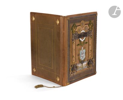 null Rectangular leather "Souvenir" binder, decorated with bronze vases and green...