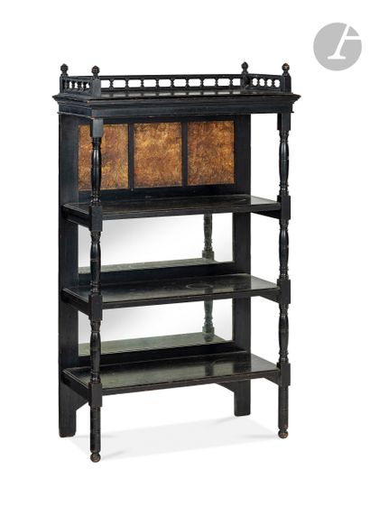 null Turned and blackened wood shelf with four trays and a baluster gallery.
Late...