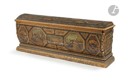 null A painted fir tree chest in the shape of a sarcophagus, decorated with coats...