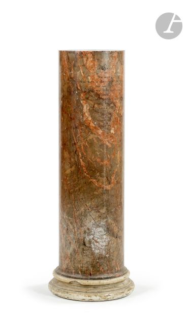 null A brown breccia marble column, the base in white marble; with an inscription...